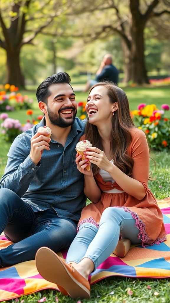 A couple sharing ice cream in a park during their engagement photoshoot, surrounded by flowers.
